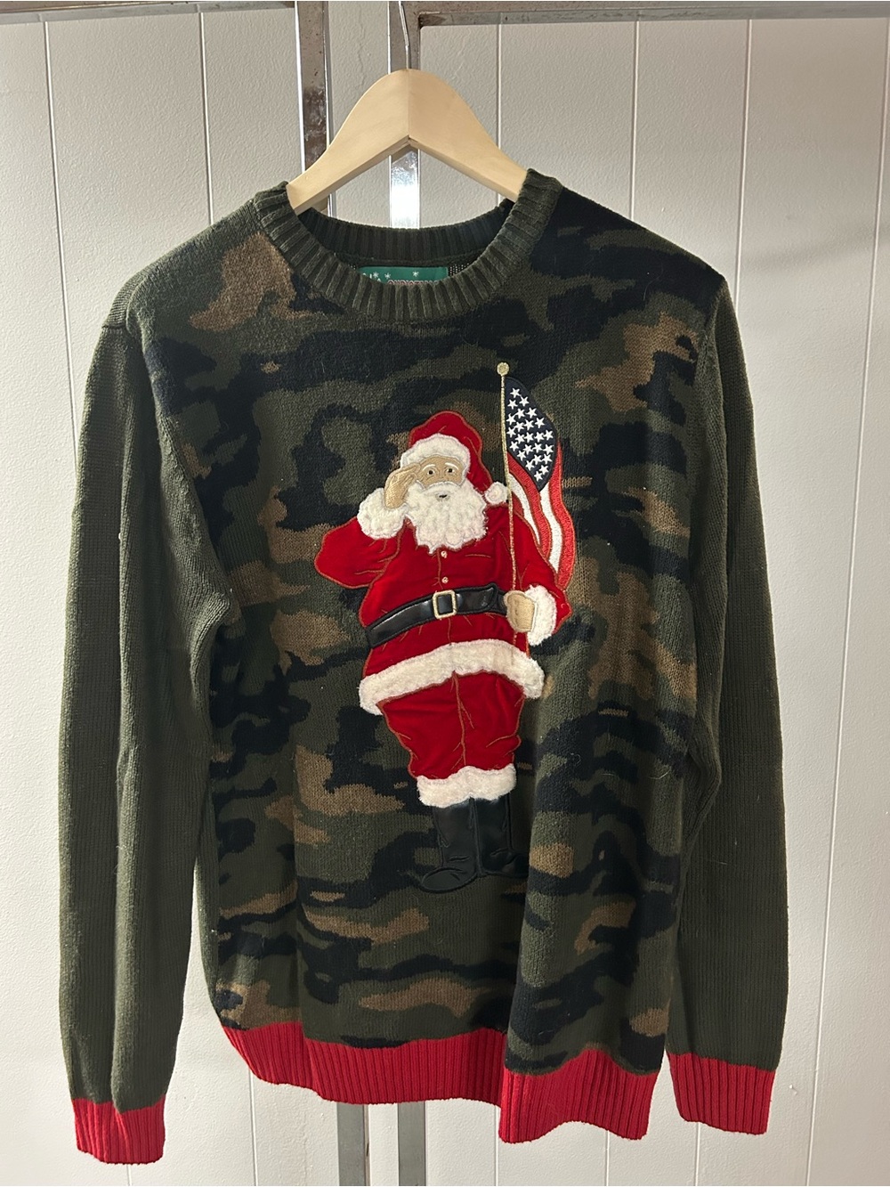 Ugly Christmas SweaterCamo Crewneck with Red Santa Patch Large
